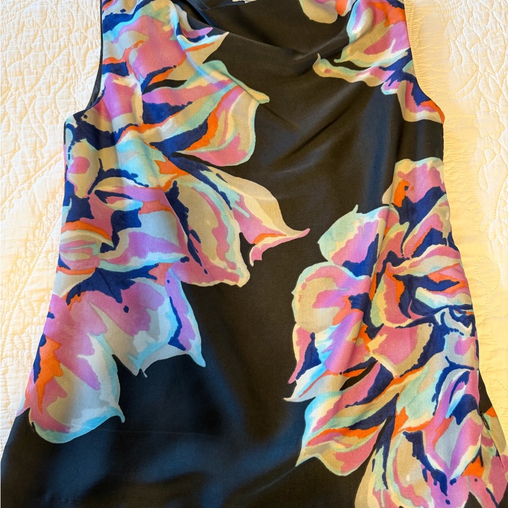 LOFT Black Top with Multicolored Floral Print